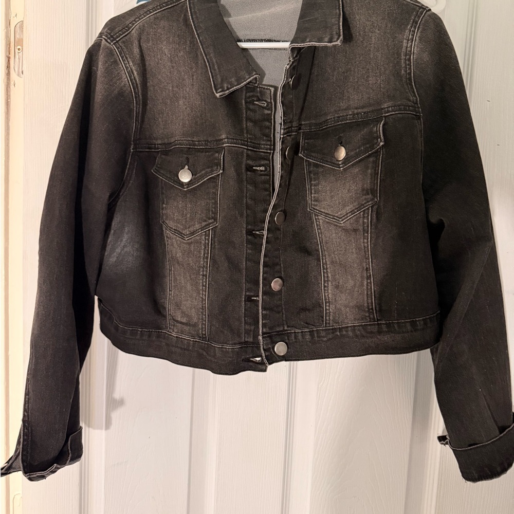 Cropped Washed Black Denim Jacket